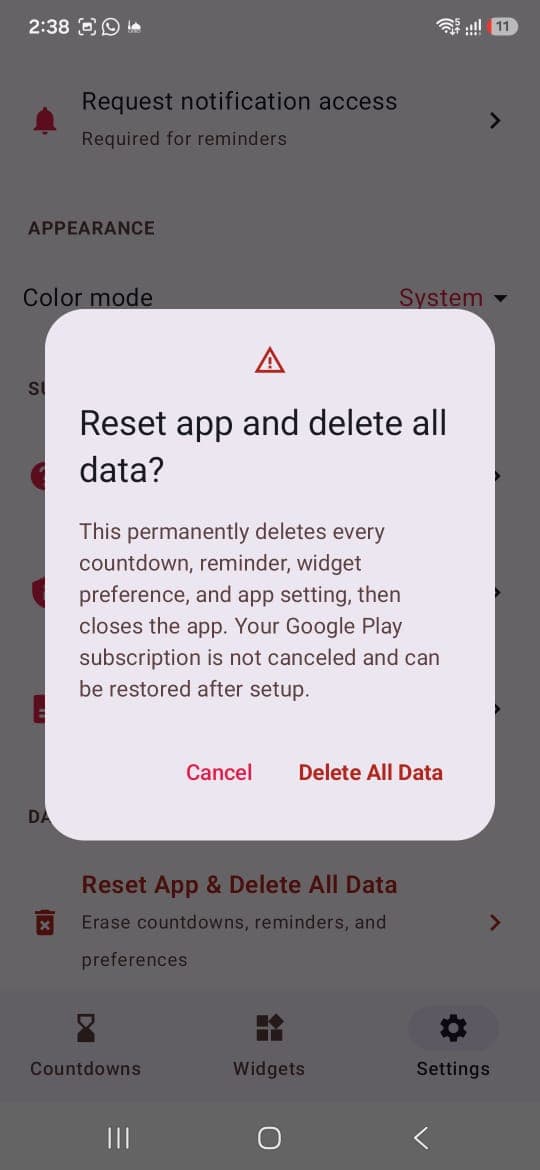 Days Since app confirmation dialog explaining what is removed before the user selects Delete All Data