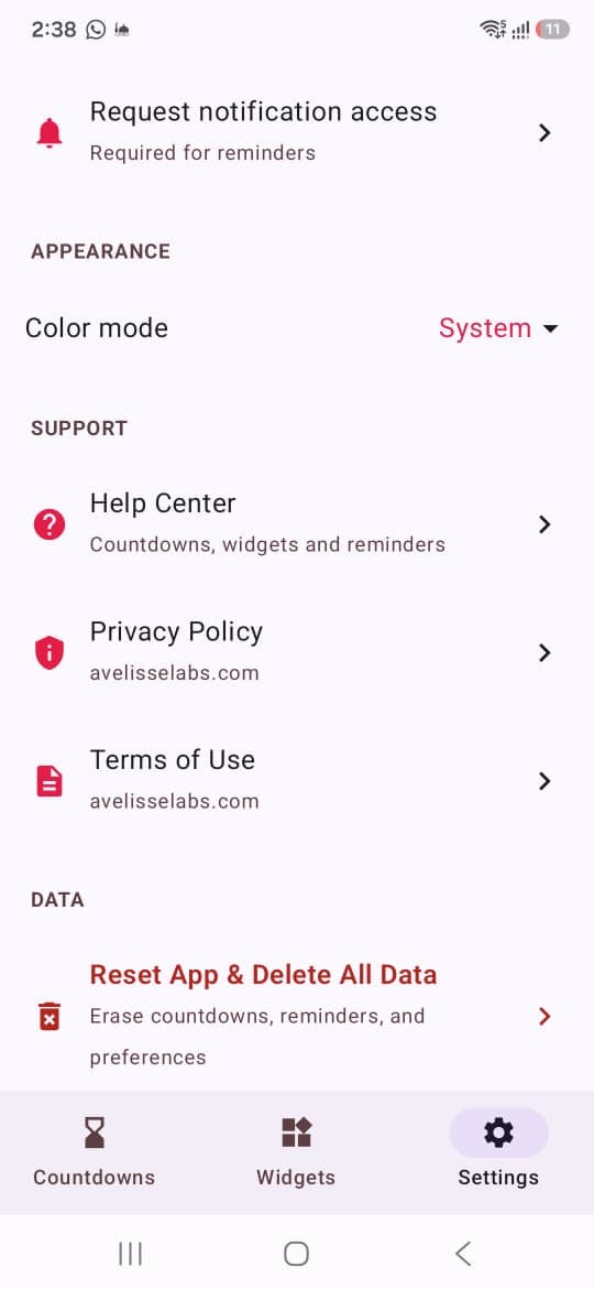 Days Since app Settings screen showing Reset App and Delete All Data under the Data heading