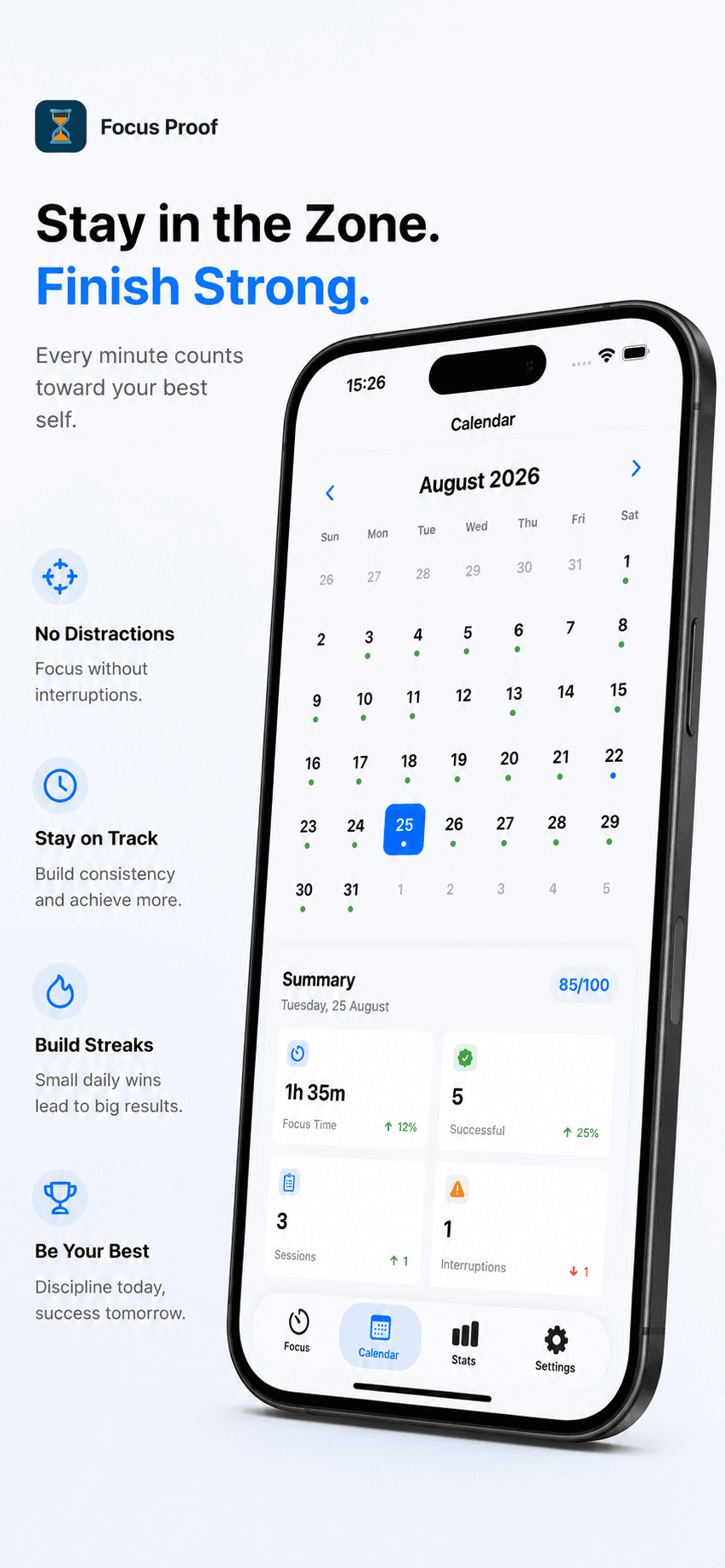 Focus Streak Timer App Store screenshot showing focus calendar, daily focus time, successful sessions, interruptions, and habit streak progress