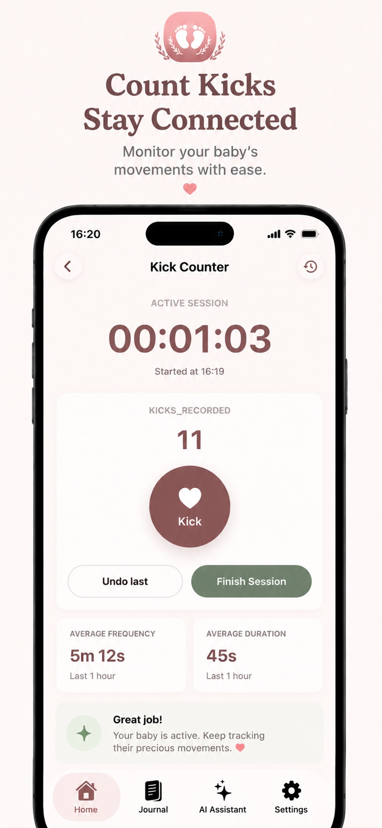 Avelisse Pregnancy Tracker screenshot showing kick counter and baby movement tracking