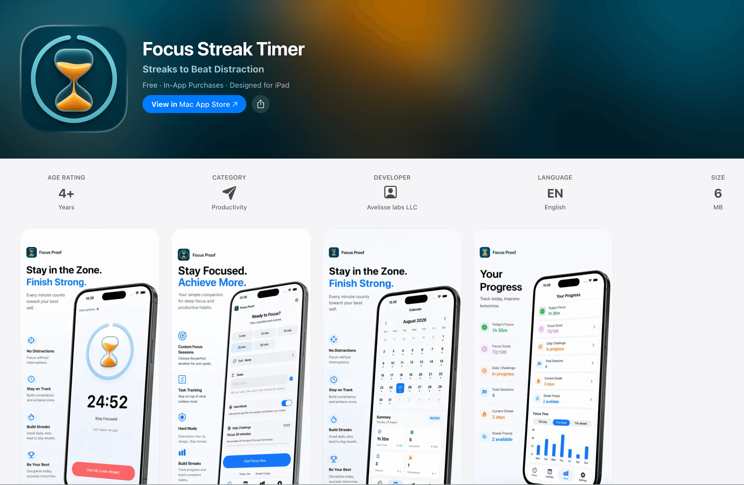 Focus Streak Timer App Store listing showing the app icon, productivity category, age rating, and screenshots for deep work timer sessions, focus streaks, task tracking, calendar proof, and progress score