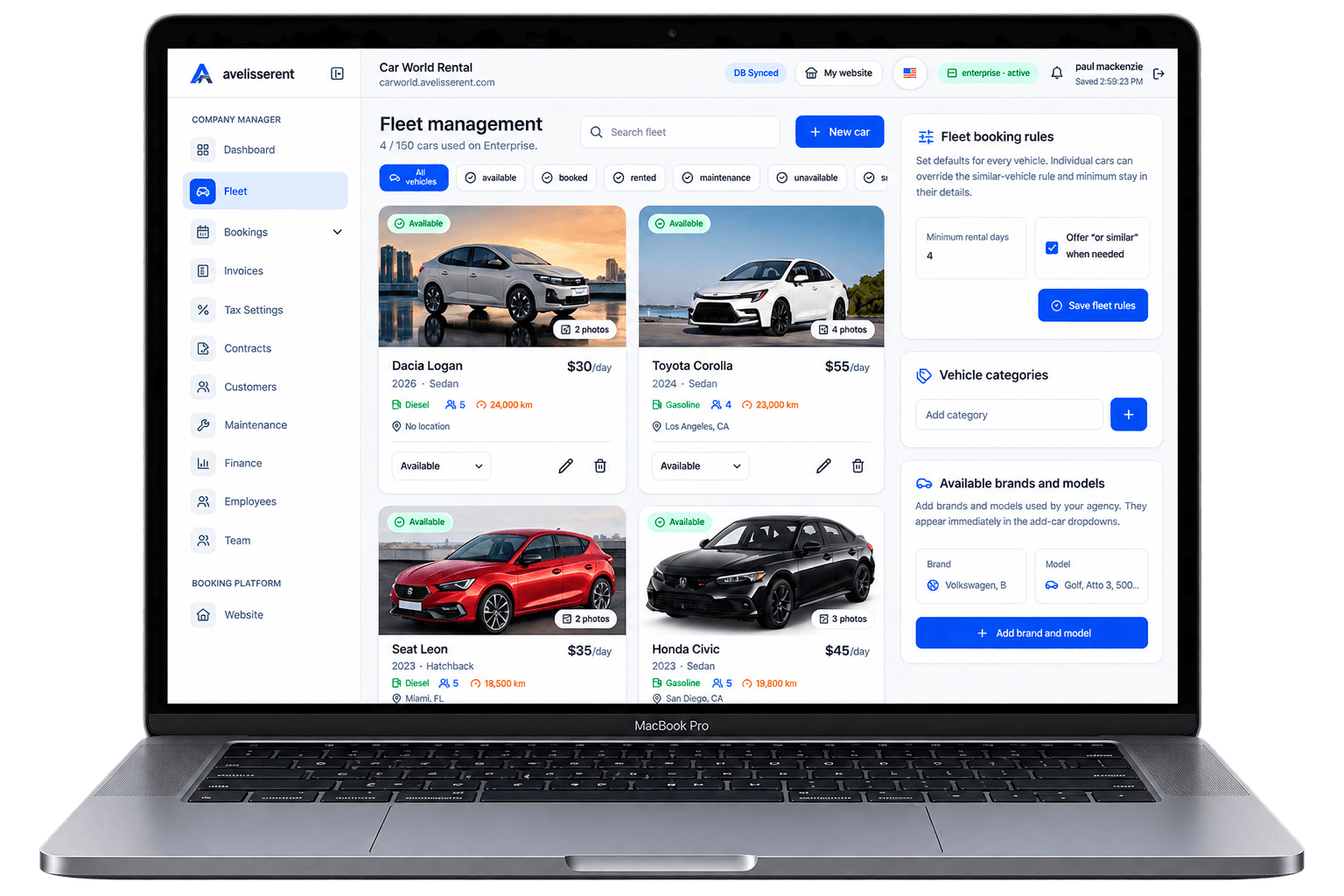 AvelisseRent fleet management dashboard displayed on a laptop with vehicle cards, availability, booking rules, categories, brands, and models